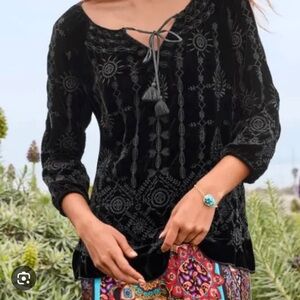 Johnny Was Black Tie Front Blouse with V-Neck